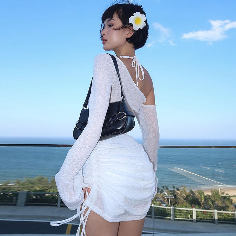 One-Shoulder Sheer Pleated Dress with Long Sleeves