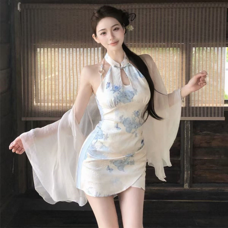 Printed Cheongsam Collar Mini Dress with Chiffon Overlay