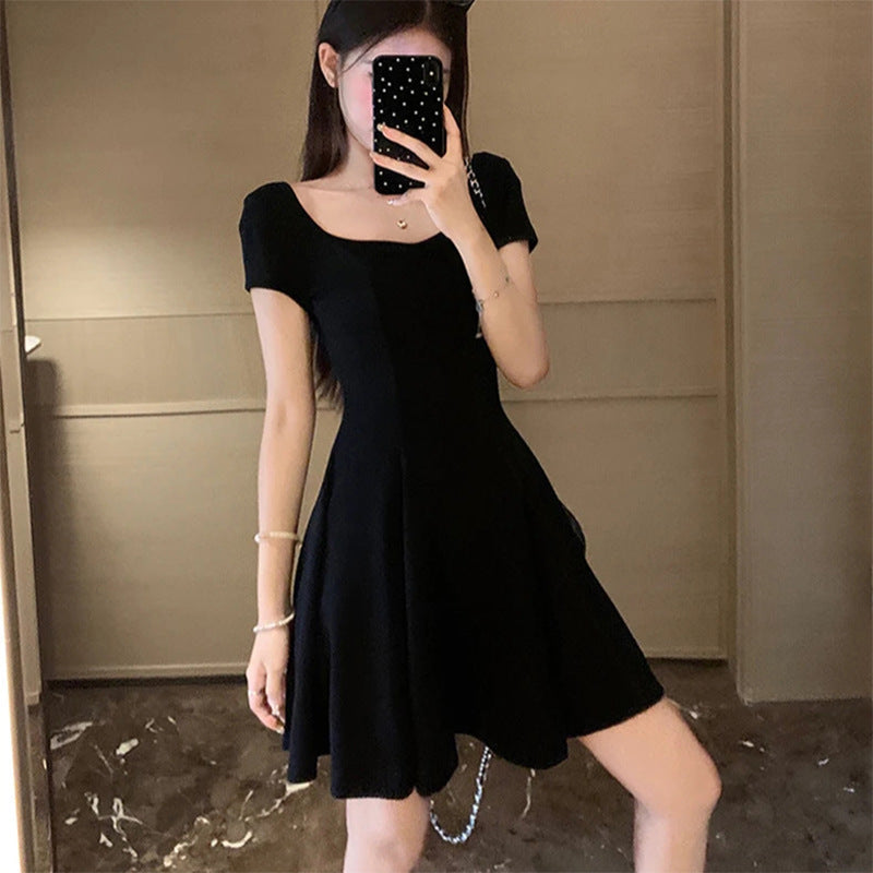 Black Square Neck A-Line Mini Dress with Defined Waist