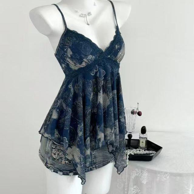 Floral Satin Camisole Dress with Lace V-Neck Detail