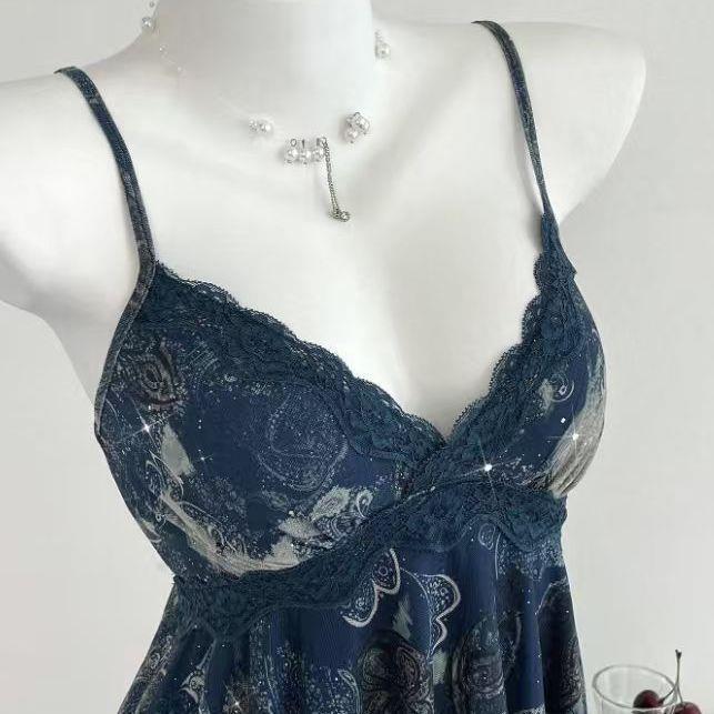 Floral Satin Camisole Dress with Lace V-Neck Detail