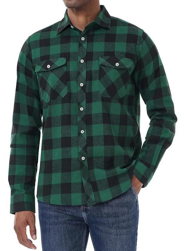 Men's Classic Plaid Shirt Jacket with Long Sleeves and Collar