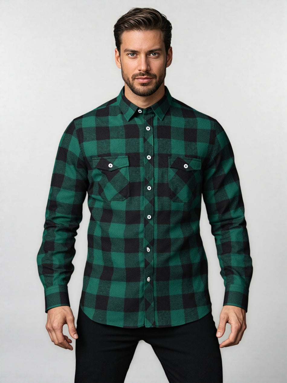 Men's Classic Plaid Shirt Jacket with Long Sleeves and Collar