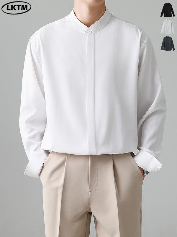 Men's Mandarin Collar Shirt with Draped Long Sleeve Design