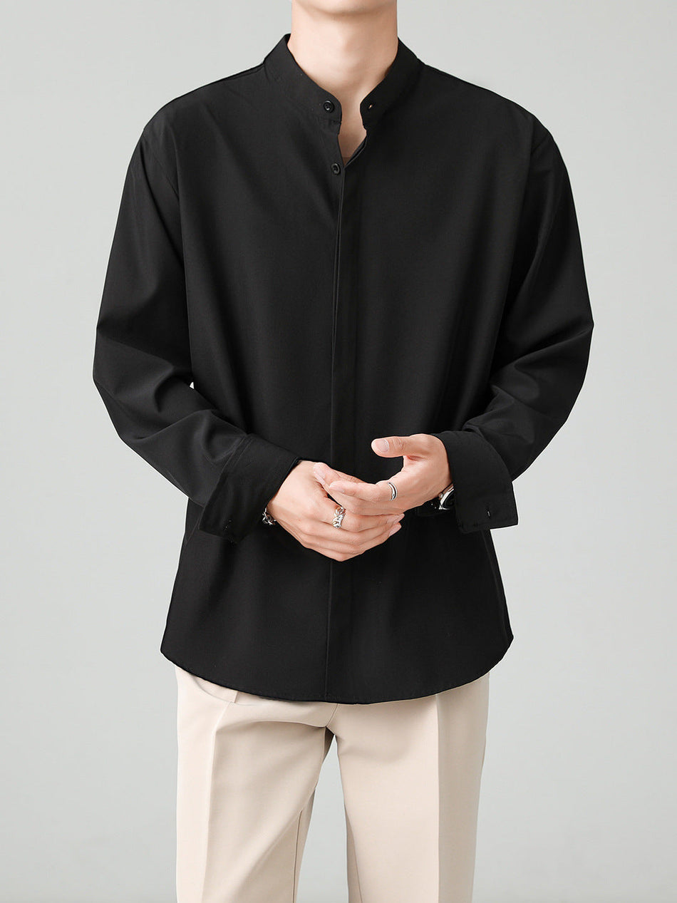 Men's Mandarin Collar Shirt with Draped Long Sleeve Design