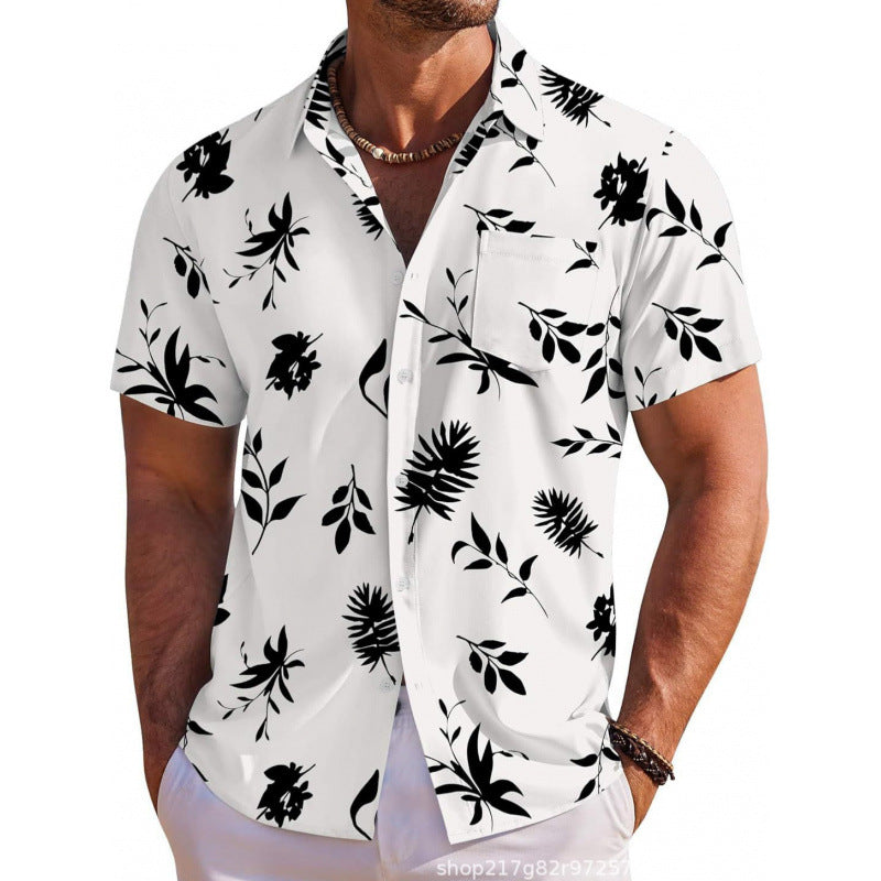 Men's Tropical Leaf Print Short Sleeve Lapel Shirt