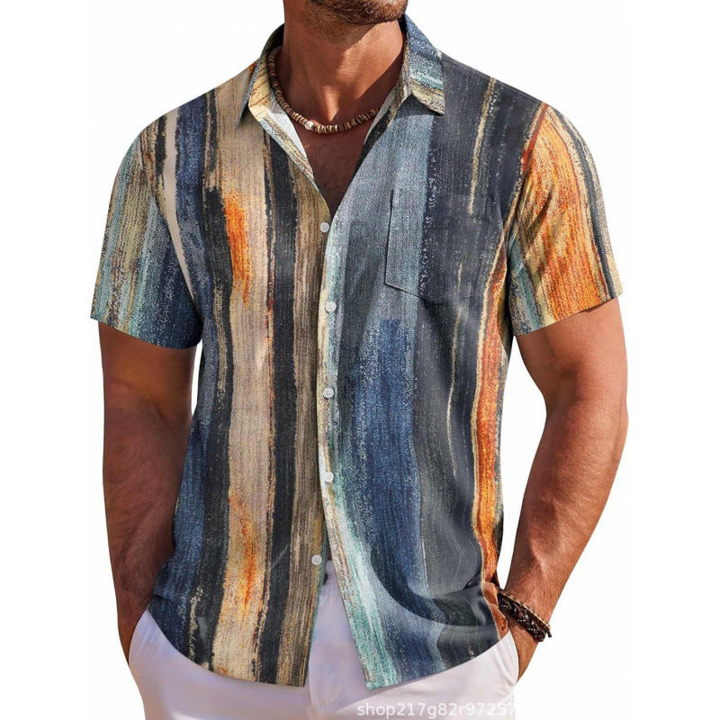 Men's Tropical Leaf Print Short Sleeve Lapel Shirt