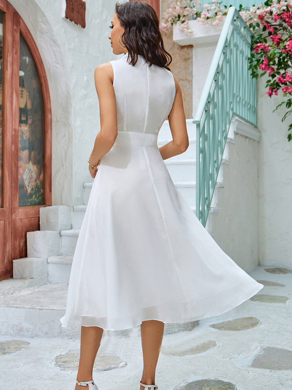 White V-Neck Chiffon Midi Dress with Irregular Hem