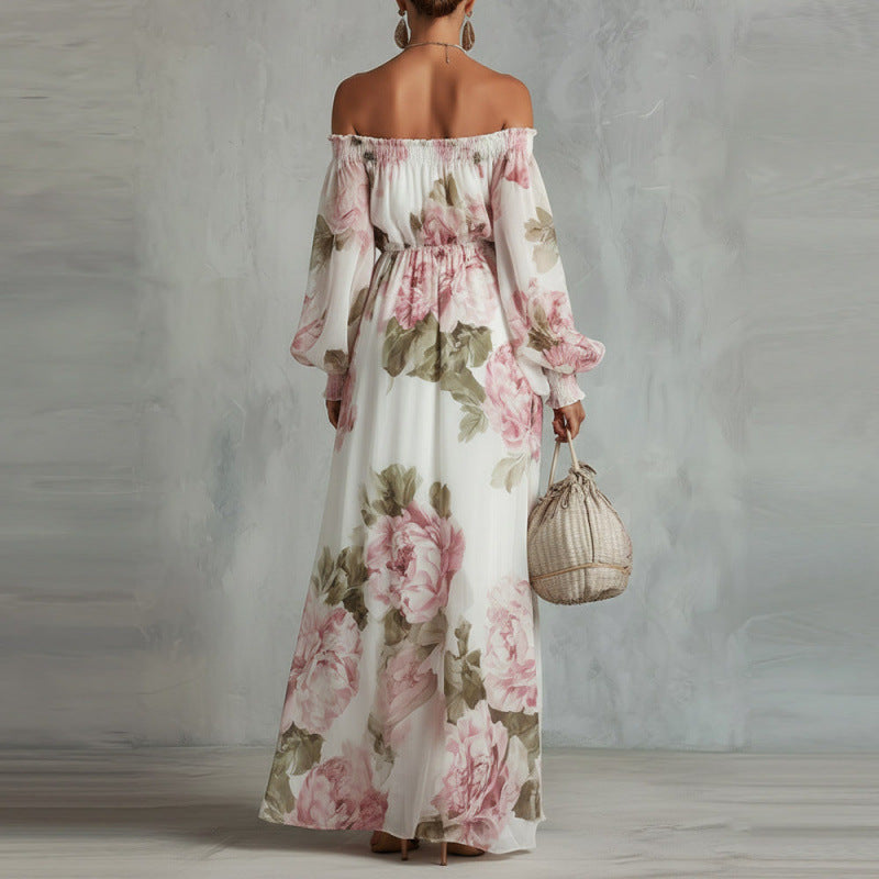 Floral One-Shoulder Maxi Dress with Lantern Sleeves