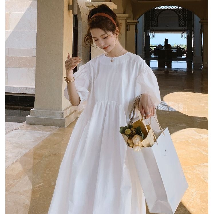 White A-Line Midi Dress with Ruffle Collar and Princess Sleeves