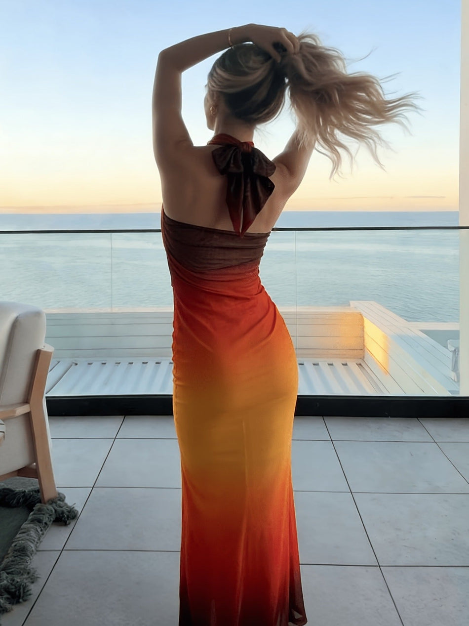 Gradient Halter Maxi Dress with Backless Waist-Cut Design