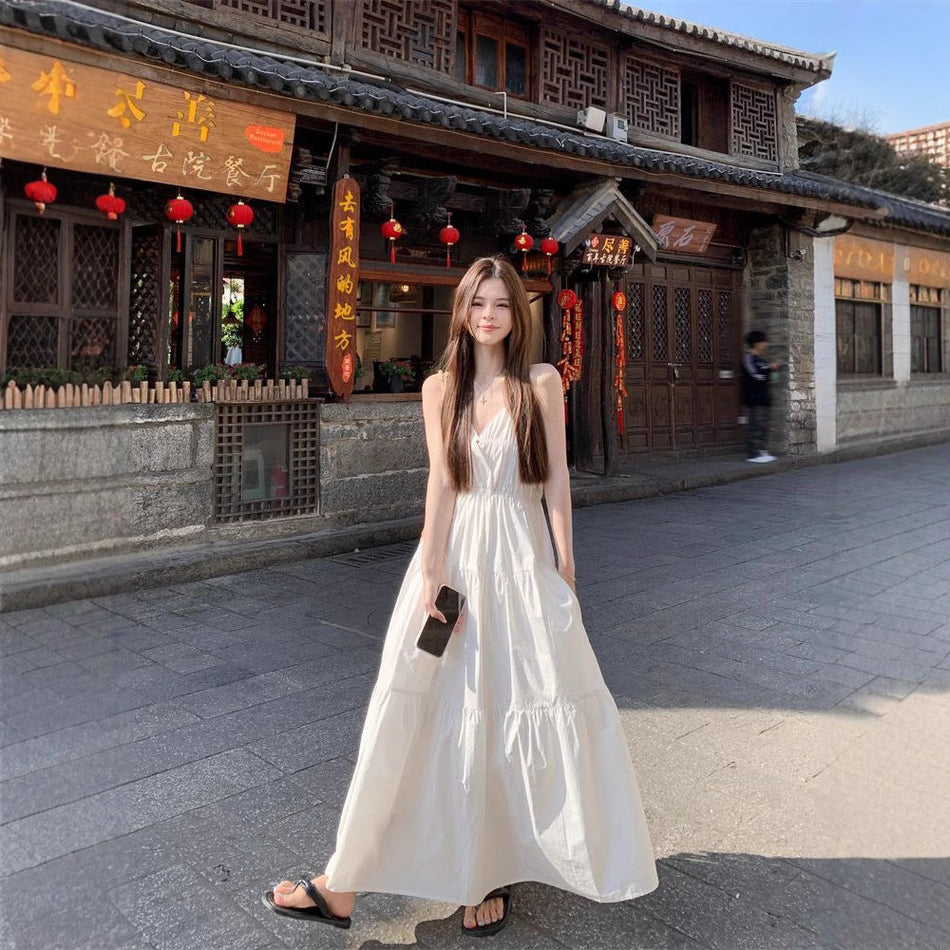 White Pleated Slip Midi Dress with Flowy A-Line Silhouette