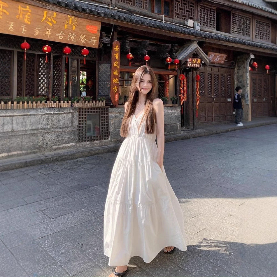 White Pleated Slip Midi Dress with Flowy A-Line Silhouette