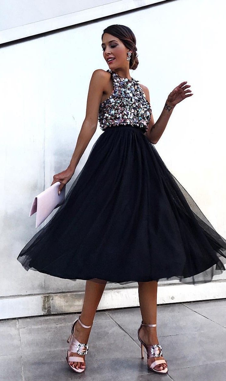 Black Sequin Halter Dress with Elegant Princess Silhouette
