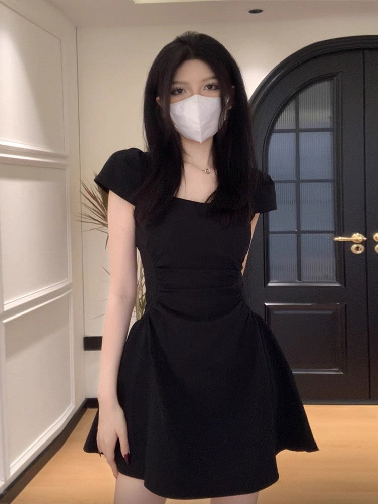 Black Square Neck Mini Dress with Puff Skirt Silhouette