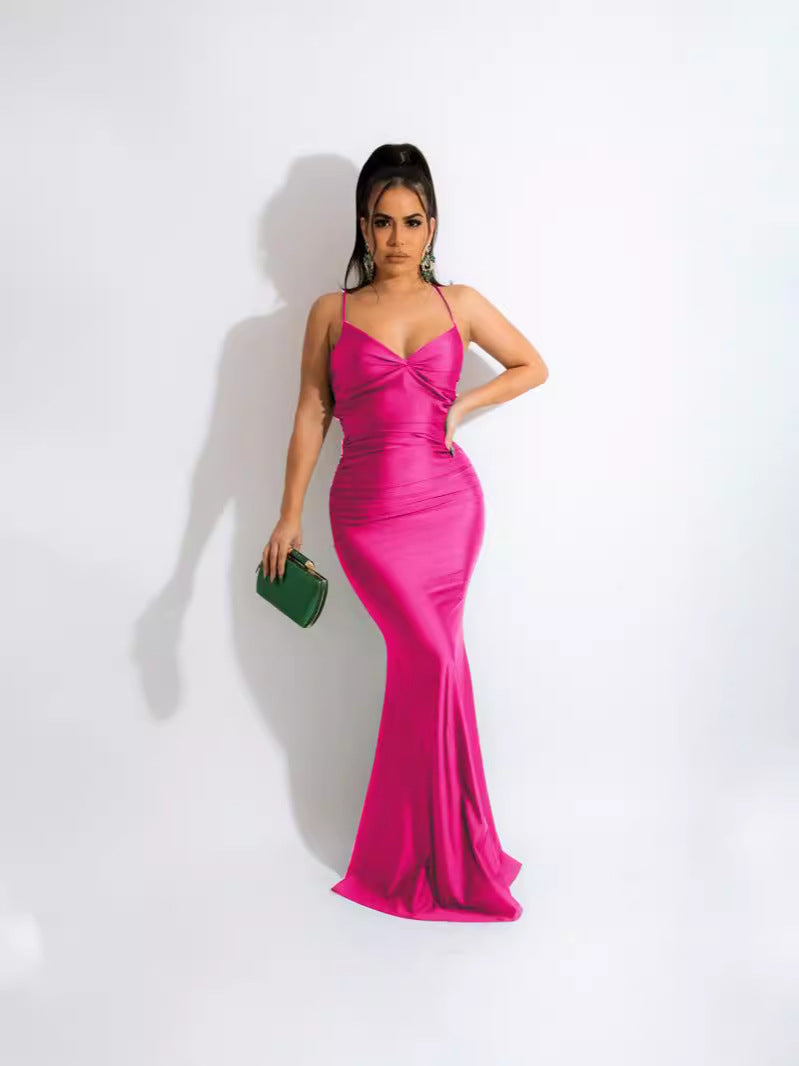 Backless V-Neck Bodycon Maxi Dress with Spaghetti Straps