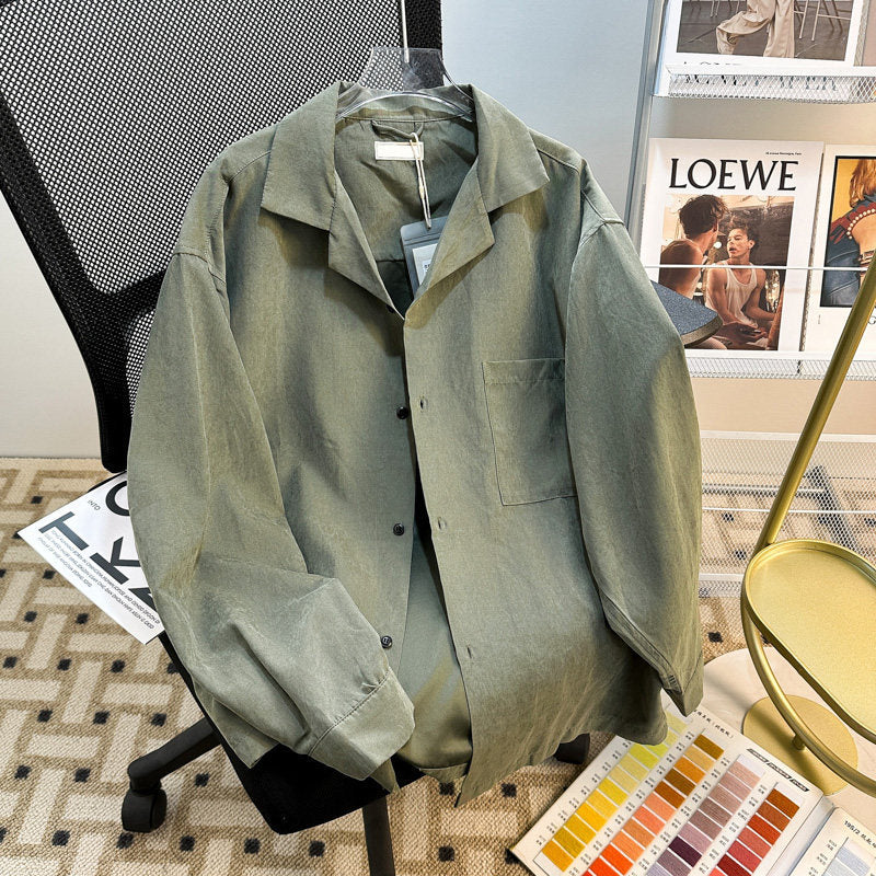 Men's Long Sleeve Cuban Collar Shirt, Retro Workwear Style