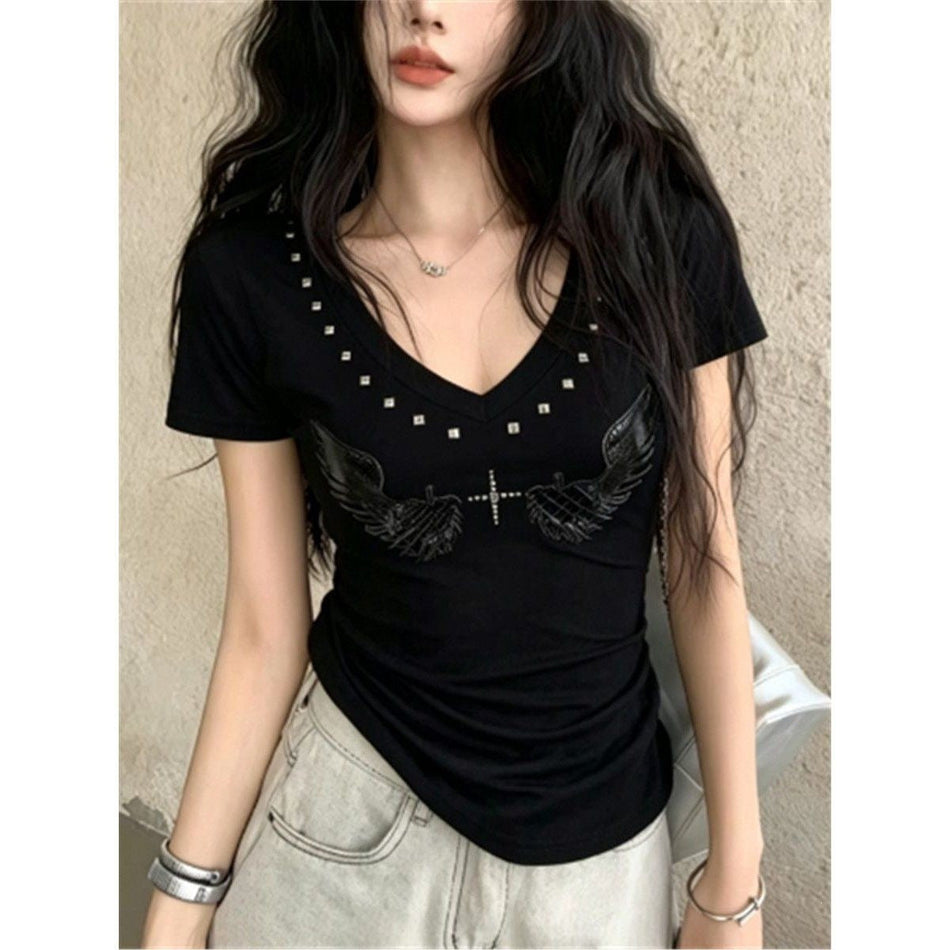 Cotton V-Neck Embroidered Crop T-Shirt with Rivet Detail