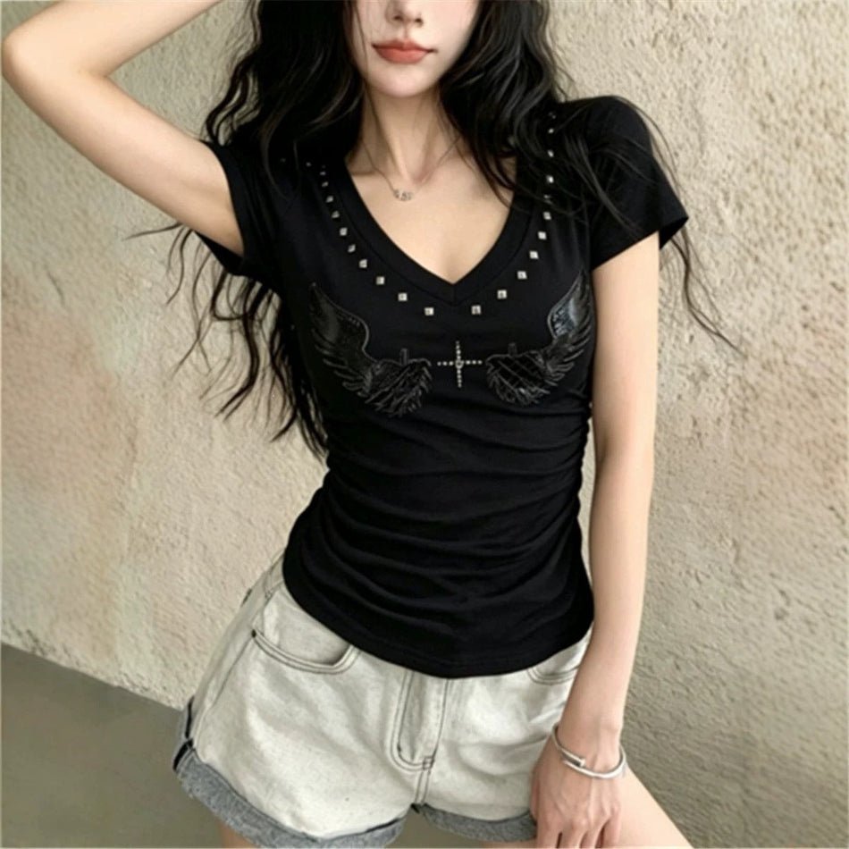 Cotton V-Neck Embroidered Crop T-Shirt with Rivet Detail
