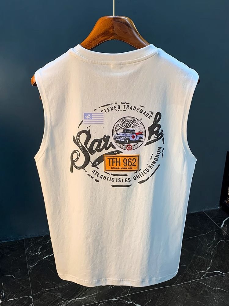 Men's American Style Printed Cotton Sleeveless Vest T-Shirt