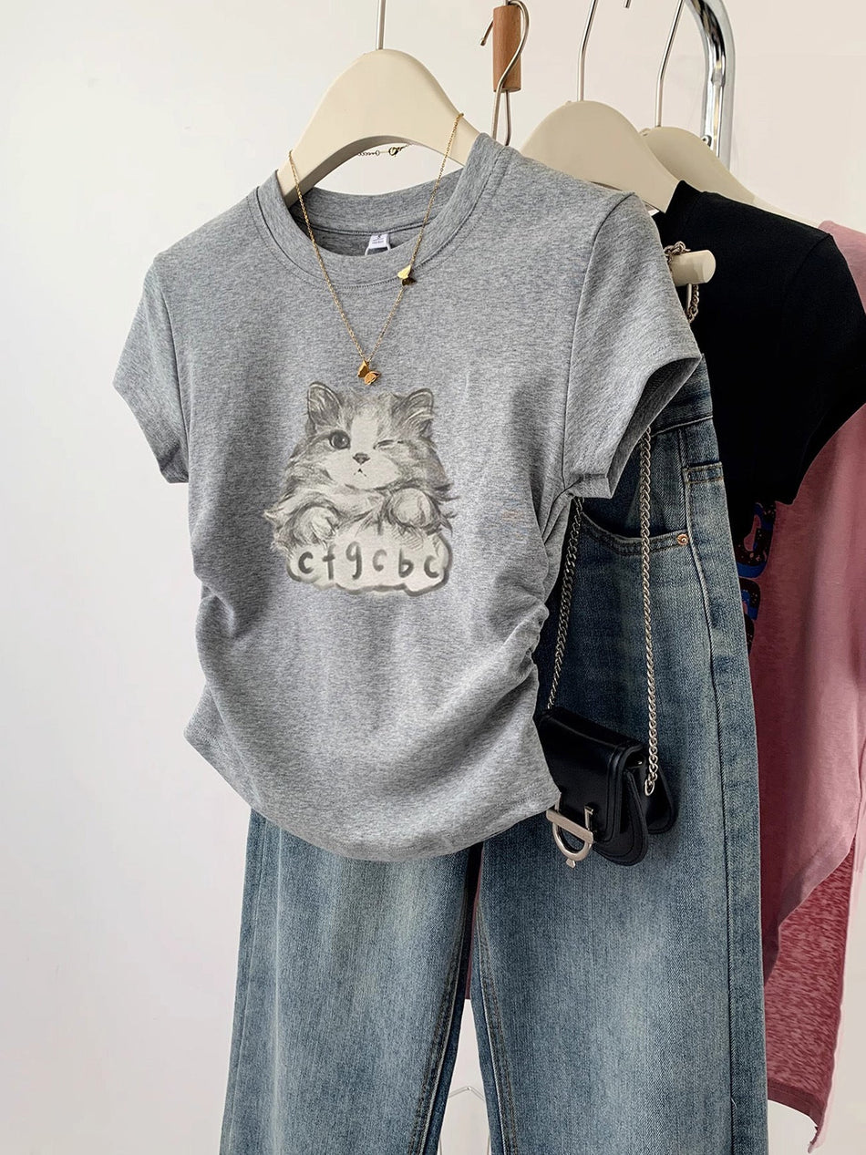 Slim-Fit Cotton Graphic Crop T-Shirt with Crew Neck