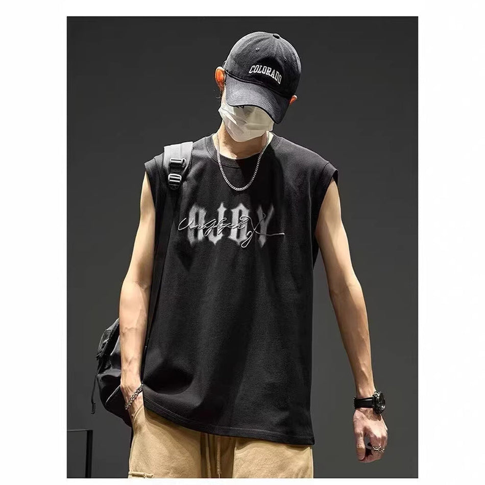 Men's Black Sleeveless Vest Set Loose Casual Round Neck Top