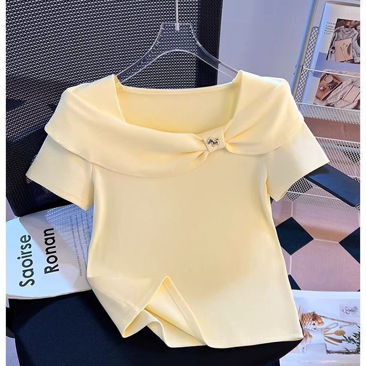 One-Shoulder Twist Knot Slim-Fit Top with Short Sleeves