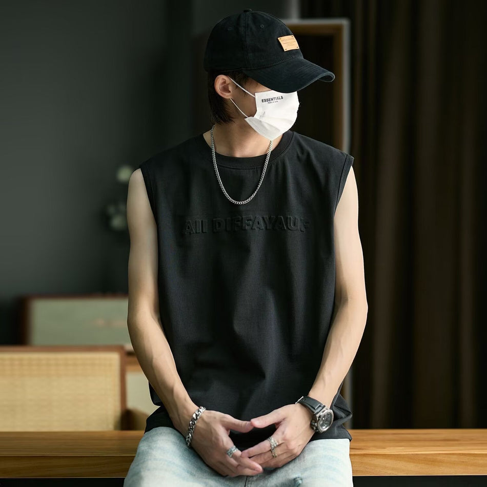 Men's Black Sleeveless Tank Top Hong Kong Style Casual Vest