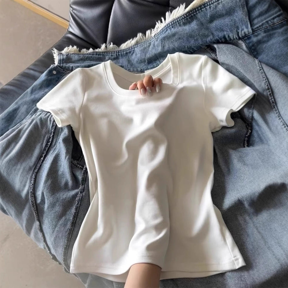Cotton U-Neck Slim-Fit T-Shirt with Short Sleeves