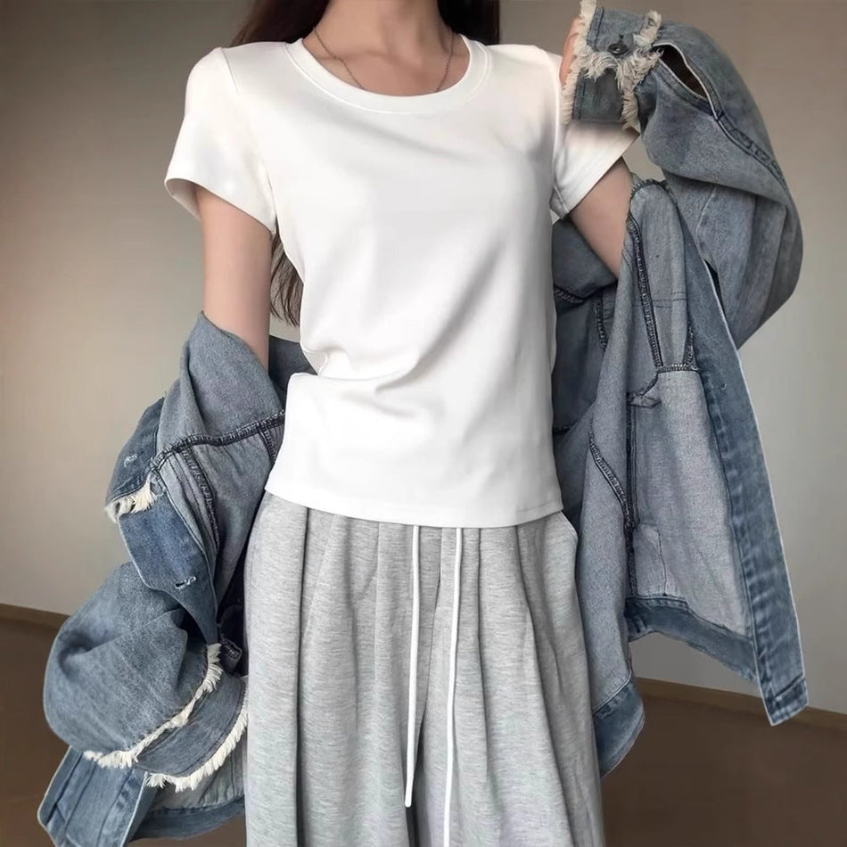 Cotton U-Neck Slim-Fit T-Shirt with Short Sleeves