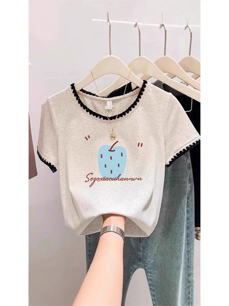 Lace Spliced Graphic T-Shirt with Relaxed Short Sleeves