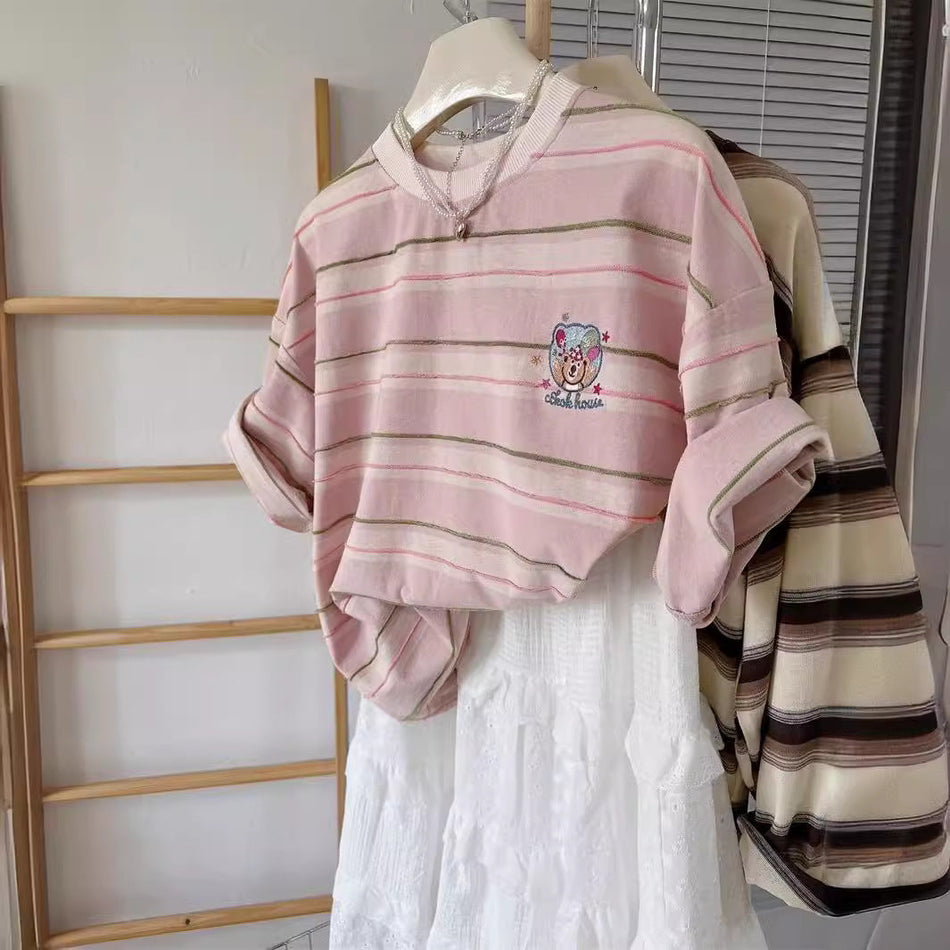 Pink Striped Cotton T-Shirt with Embroidered Cartoon Detail