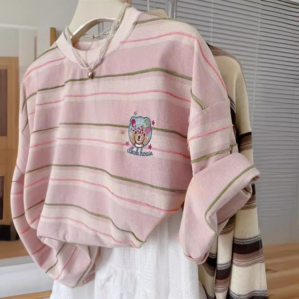 Pink Striped Cotton T-Shirt with Embroidered Cartoon Detail