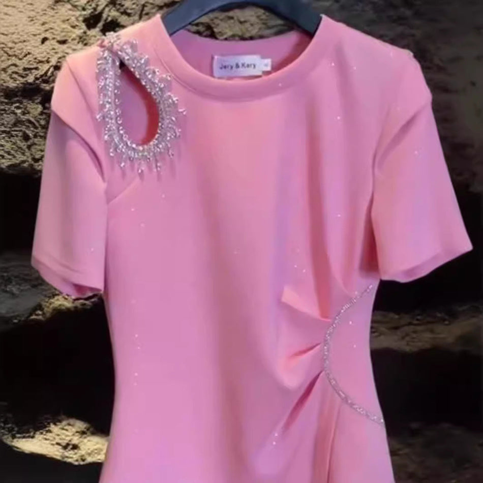 Plus Size Asymmetrical Cut-Out Cotton T-Shirt with Crystal Detail