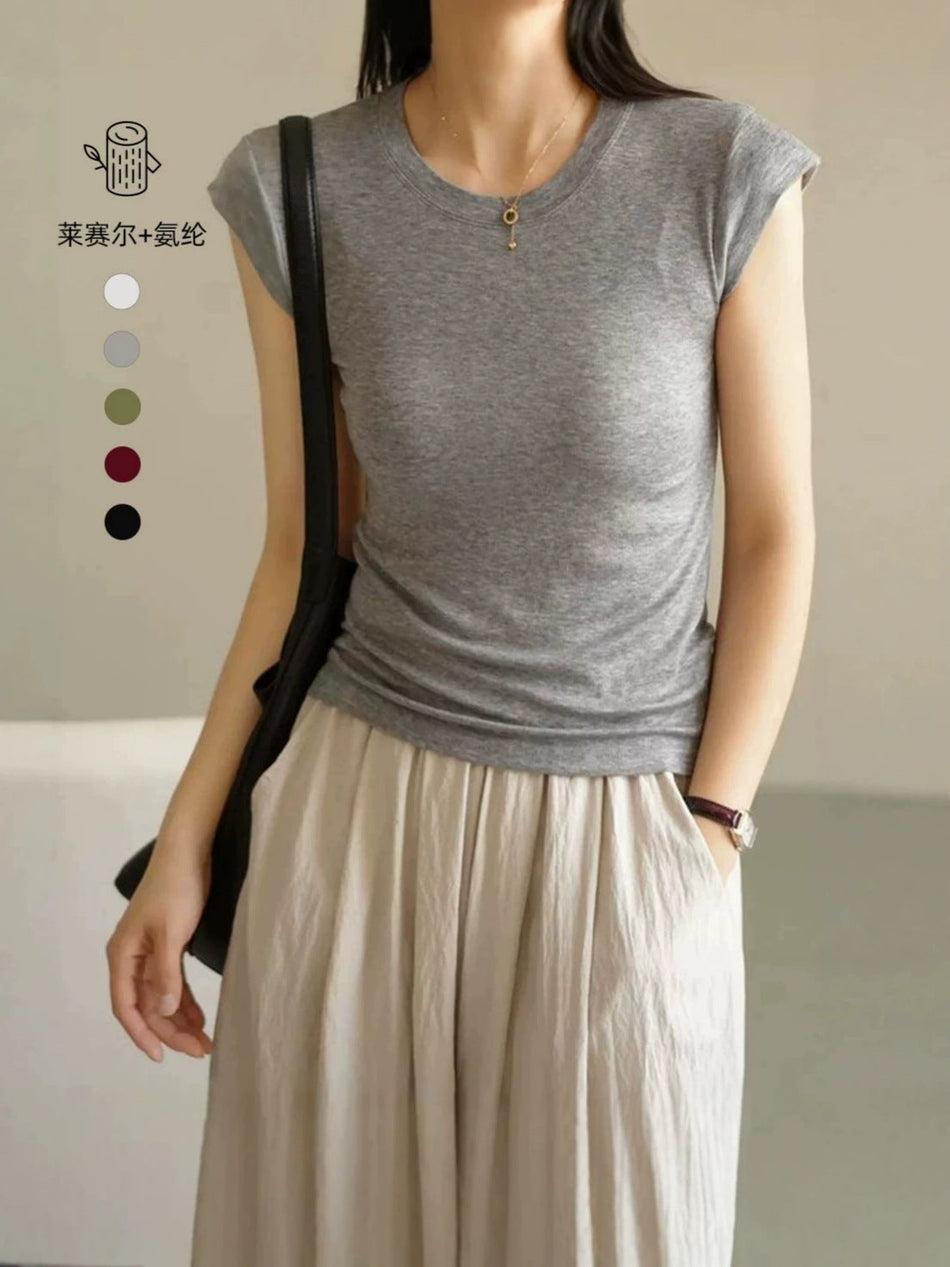 Tencel Lyocell Flutter Sleeve Round Neck Summer Top
