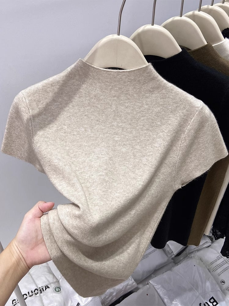 Soft Knit Mock Neck Short Sleeve Slim-Fit Top