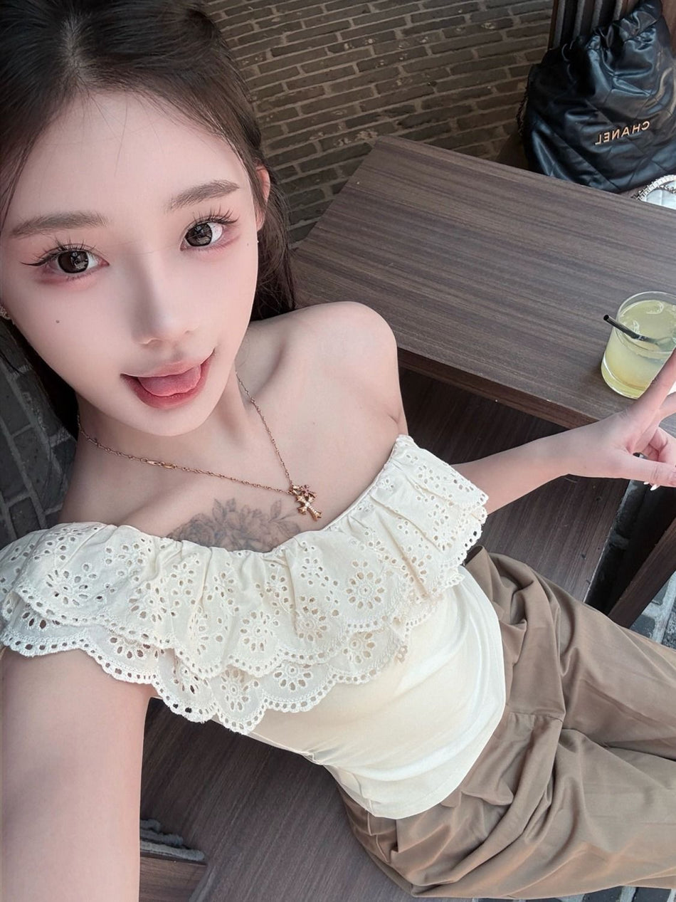 Lace Ruffle Off-Shoulder Cotton Blend Slim Top