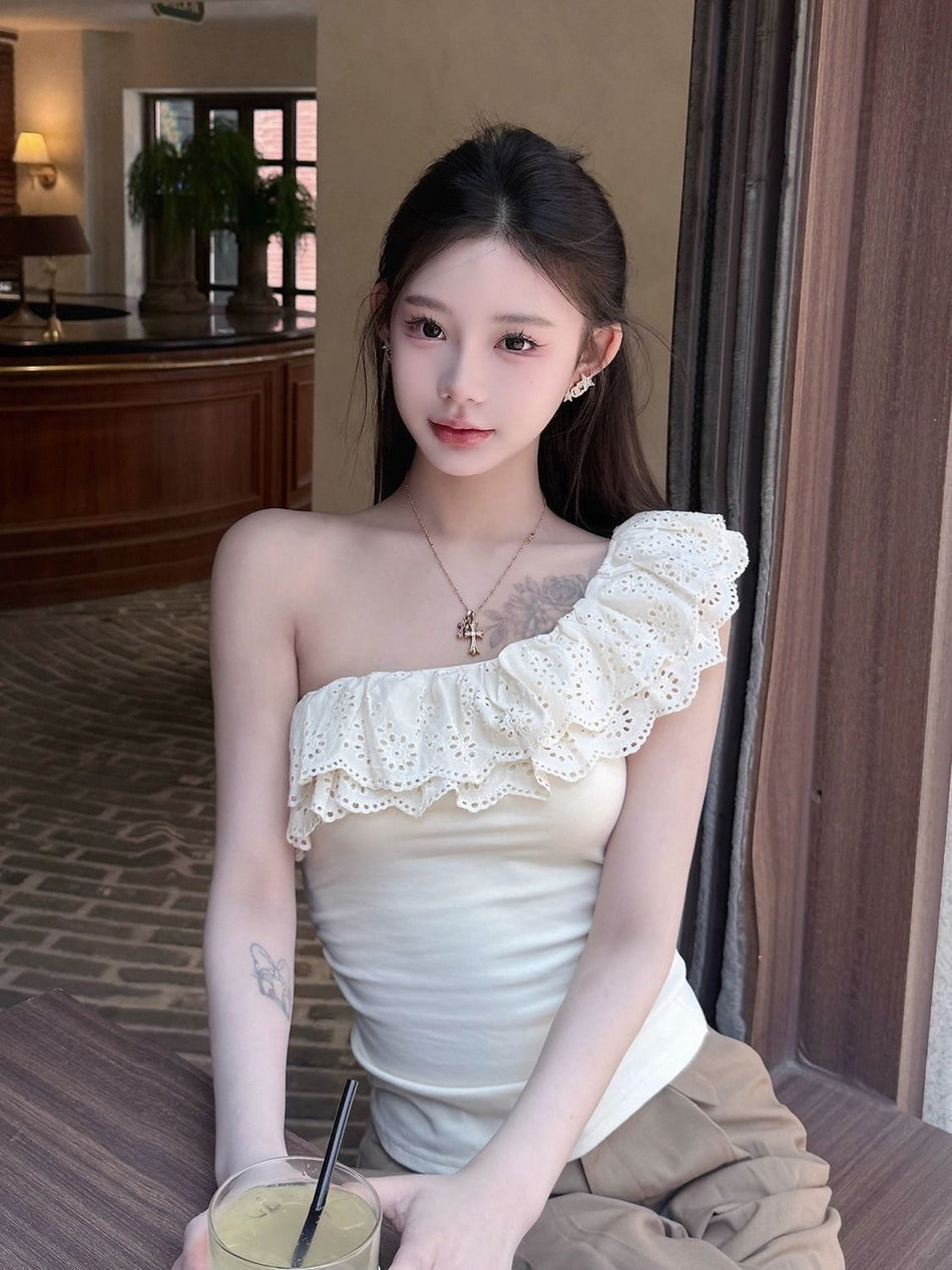 Lace Ruffle Off-Shoulder Cotton Blend Slim Top