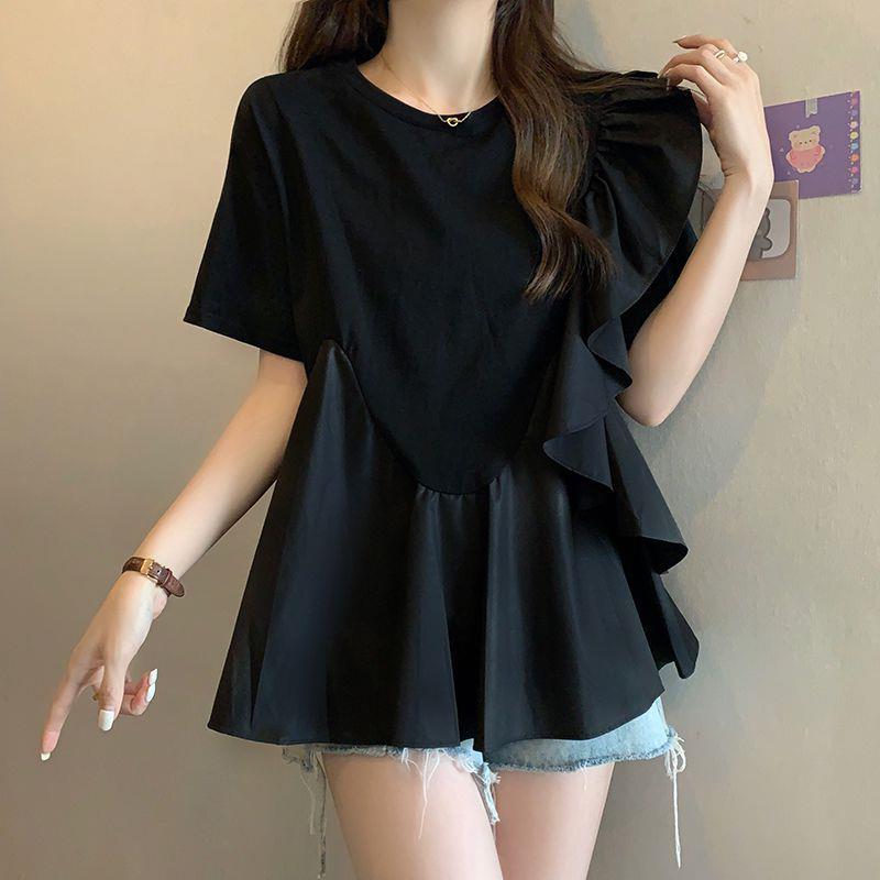 Plus Size Ruffle Detail Slim-Fit Short Sleeve T-Shirt