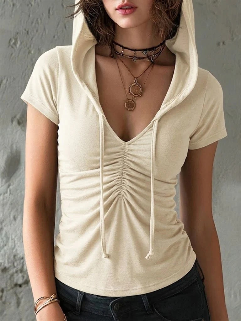 Hooded V-Neck Pleated Slim Fit Women's Short Sleeve T-Shirt