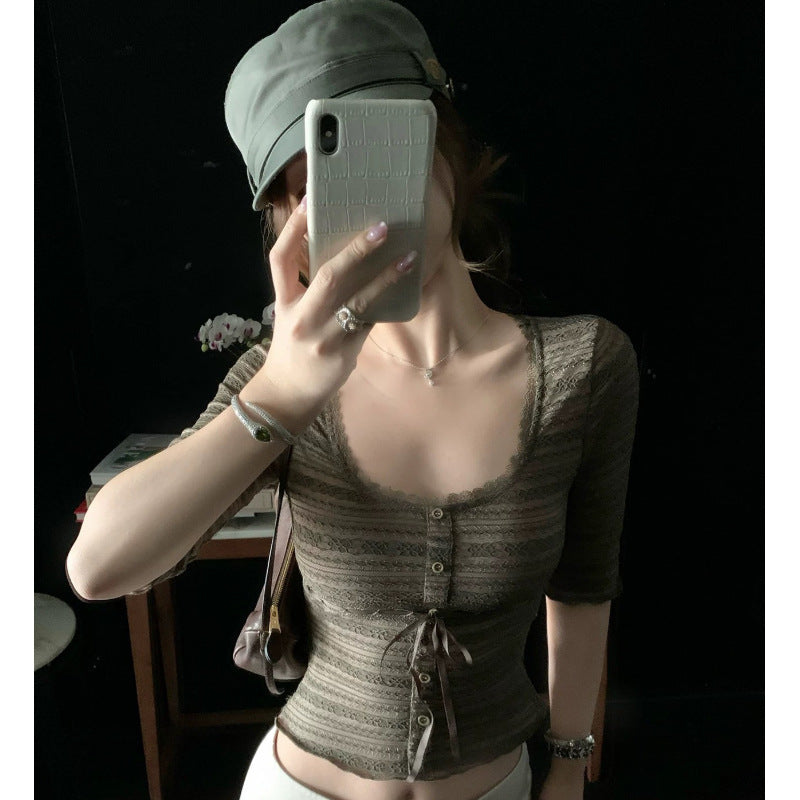 Women's Lace Patchwork Square Neck Mid Sleeve T-Shirt