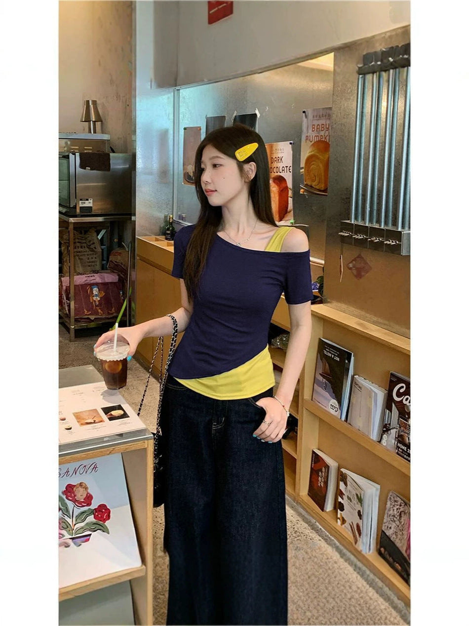 Women's Asymmetrical Color Block Slim Fit Short Sleeve Top