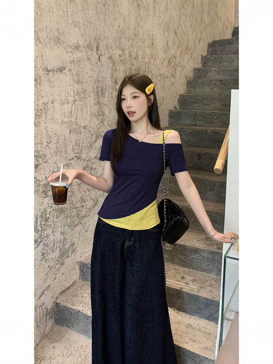 Women's Asymmetrical Color Block Slim Fit Short Sleeve Top