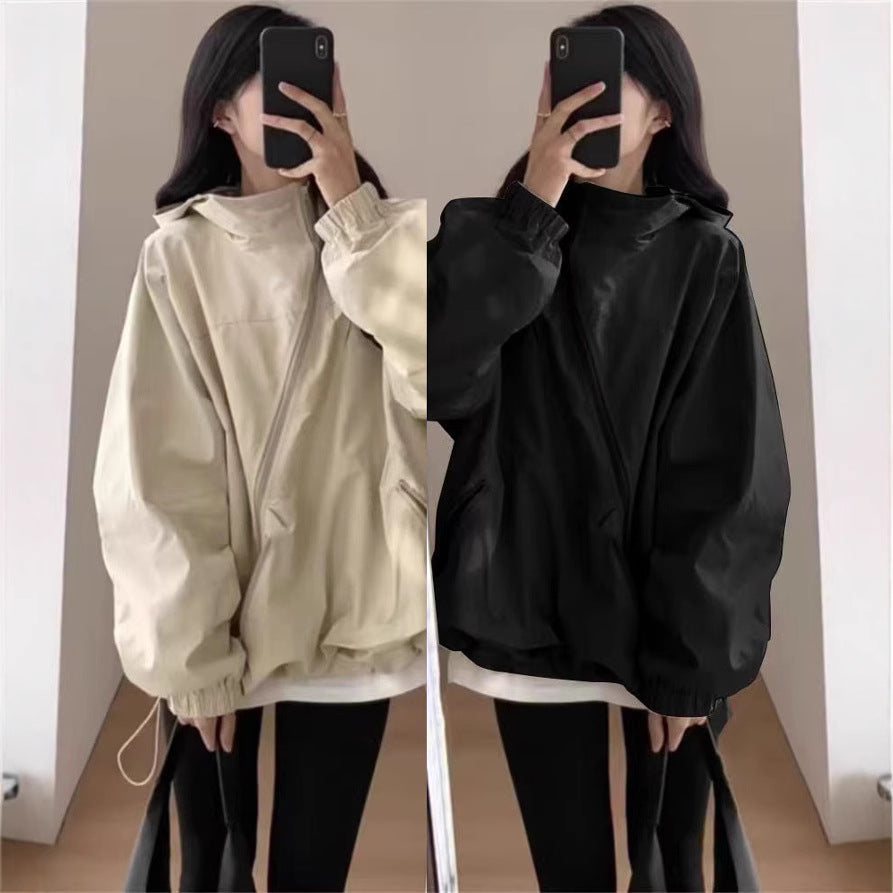 Women's Hooded Loose Fit Thin Trench Coat Windbreaker Jacket