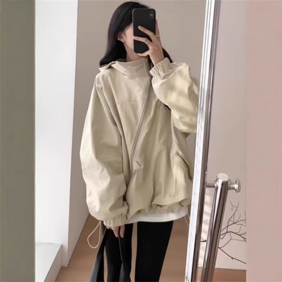 Women's Hooded Loose Fit Thin Trench Coat Windbreaker Jacket