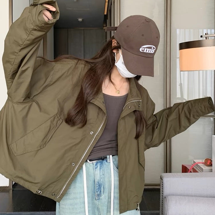 Women's Military Green Workwear Trench Coat Short Jacket