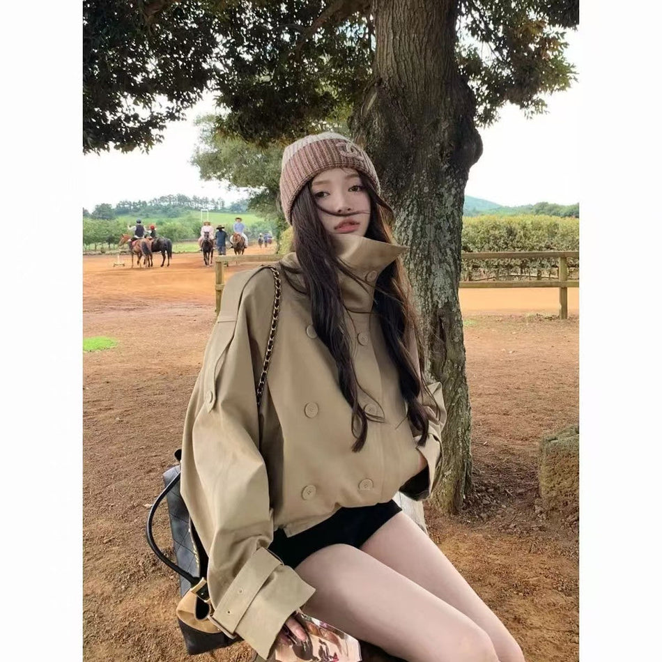 Women's British Style Double Breasted Short Windbreaker Jacket