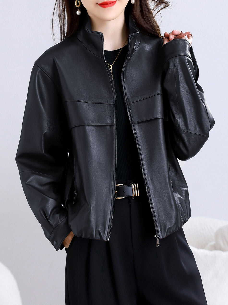 Women's PU Leather Stand Collar Casual Jacket Coat