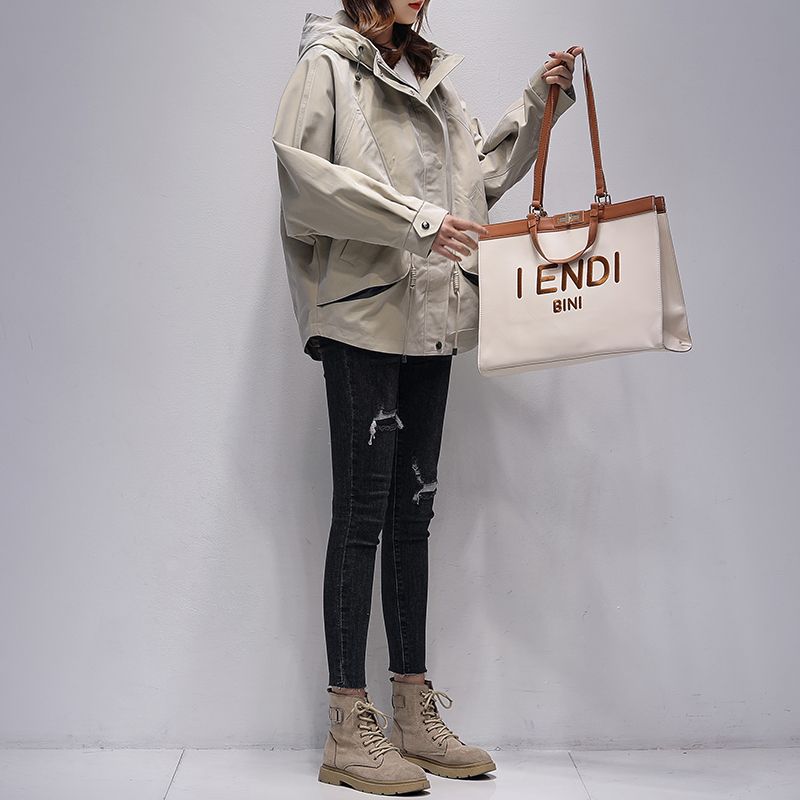 Women's Hooded Loose Fit Mid Length Windbreaker Coat