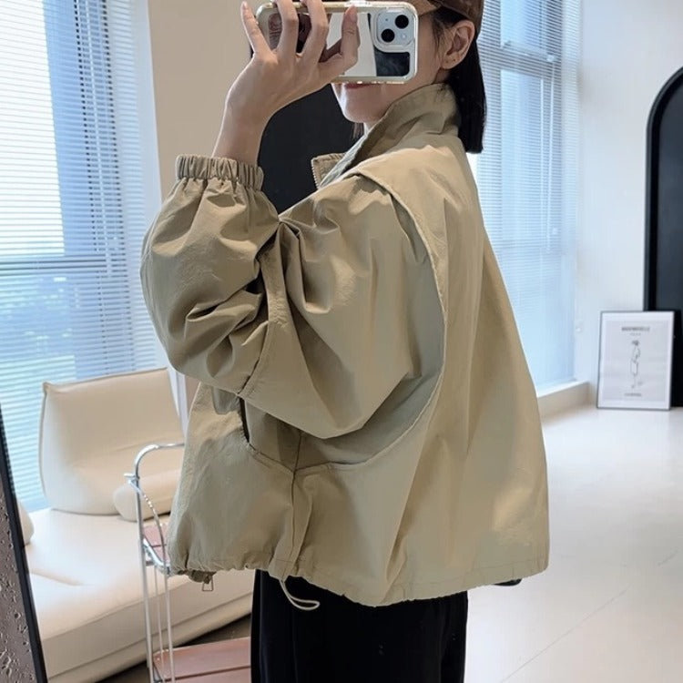 Women's Stand Collar Zipper Short Windbreaker Jacket